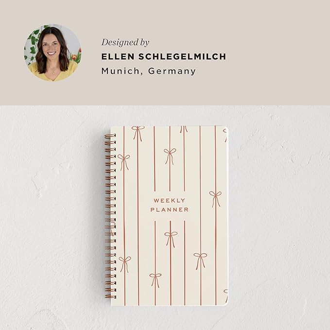 Minted Red Lines of Bows 2026 Weekly & Monthly Undated Planner, 5.5" x 8.5" Minimalist Spiral Bound Planner Notebook, 132 Pages, Elegant Red Pattern Undated Calendar Organizer