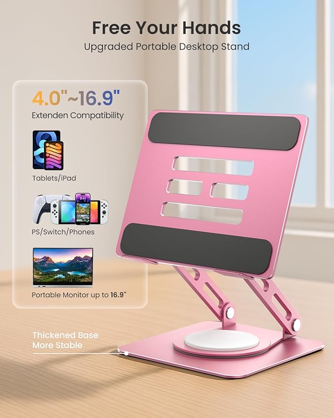 LOXP Metal Tablet Stand, 360 Rotating iPad Stand with Heavy-Duty Base, Tablet Holder Compatible with 4.0-16.9" Device, 2025 iPad Pro Air Mini, Kindle, Surface Tablet, Portable Monitors - Pink