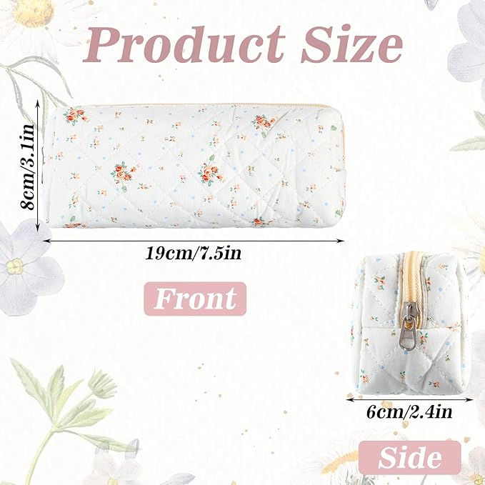 Cute Pencil Case, Aesthetic Flowers Pencil Pouch, Portable Pen Bag Wide Opening, Soft Quilted Pencil Pouch Organizer with Zipper for Office College Storage Makeup Pouch
