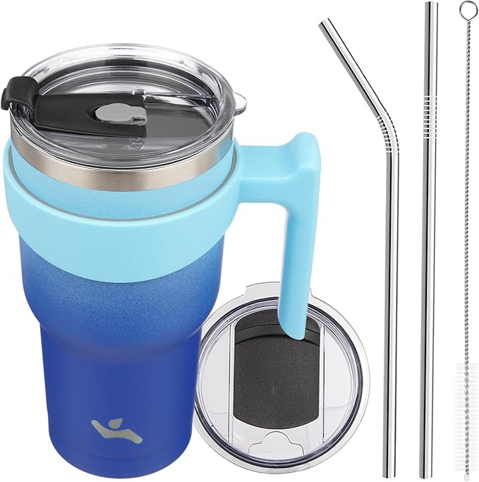 Konokyo 30 oz Tumbler with Handle and 2 Straw 2 Lid, Insulated Water Bottle Stainless Steel Vacuum Cup Reusable Travel Mug,Sky