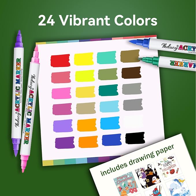 24 Colors Dual Tip Acrylic Paint Markers Set, Fine Tip and Brush Tip
