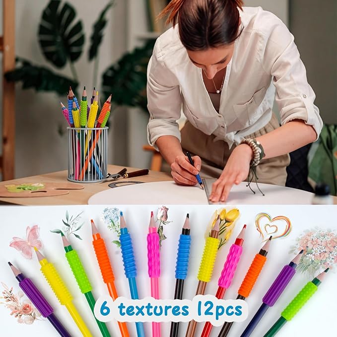 Sequiay 12 Pcs Pencil Grips Handwriting, Textured Silicone Pencil Grip - ADHD Tools, Helps Ease Autism, Anxiety, and Stress (6 Colorful)