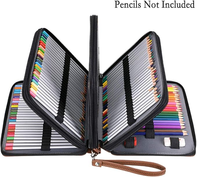 BTSKY 200 Slots Colored Pencil Organizer - Deluxe PU Leather Pencil Case Holder With Removal Handle Strap Pencil Box Large for Colored Pencils Watercolor Pencils Brown