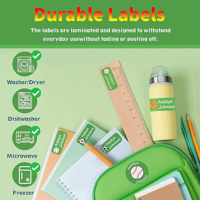 Custom Personalized Name Labels for Kids-(200-1000Labels) Waterproof Name Stickers Tags for School&Daycare,Clothing Tags,Washable&Durable Labels for Lunch Boxes, Bottles,Toys&GEA (Sports)