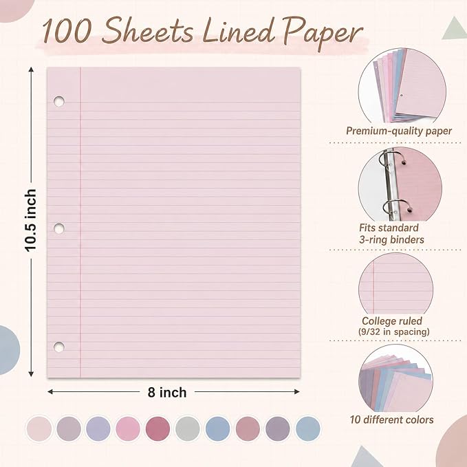 gisgfim 100 Sheets 3 Hole Punched Lined Refill Paper 8 x 10.5 Inch Loose Leaf Paper 3-Ring Binders College Ruled Notebooks Planner Inserts Thicken for Writing School Office Home Supplies(Taro)