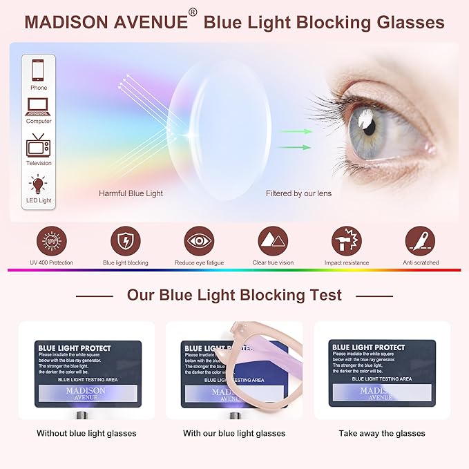 Madison Avenue Blue Light Blocking Glasses Oversized Fashion Blue Light Glasses for Women Anti Eyestrain & UV Protection Computer Eyeglasses (Nude Pink)