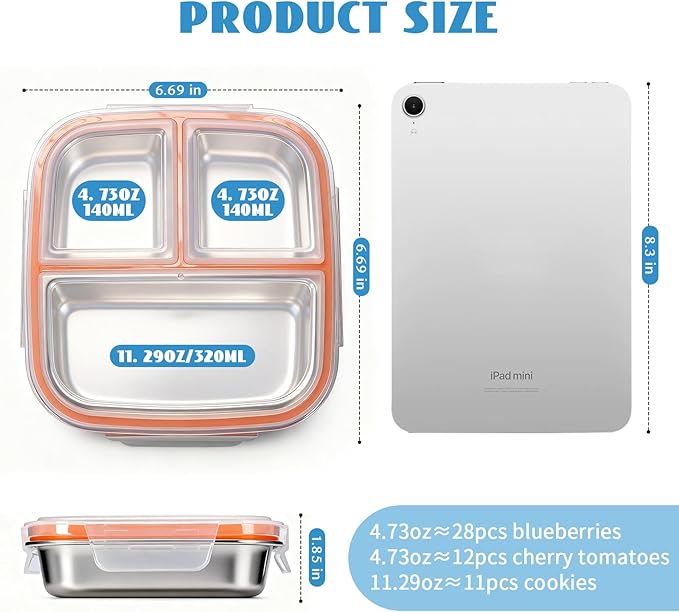 2 Pack Stainless Steel Snack Containers for Kids, 3 Compartments Reusable on the go Bento Box with Lids, Toddler Lunch Box Containers Pre Meal Storage for Daycare School Outdoor - White Orange