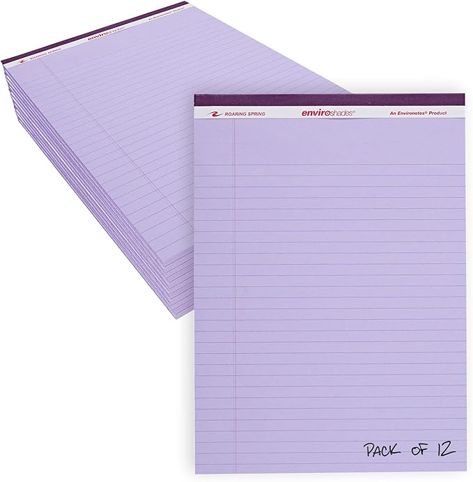 ROARING SPRING Enviroshades Orchid Legal Pads, 12 Pack, Legal Ruled Recycled Colored Writing Note Pads, 8.5" x 11", 50 Sheets, Perforated Paper, Made in USA, Memo Pad For School & Office