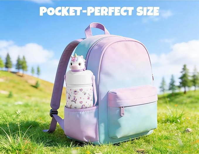 POWCAN Kids Water Bottle for School: 2-in-1 Straw Spout Lid with Soft Animal Head, Leakproof, Backpack Friendly, Keep Cold 24H, Insulated cup for Sports, Trip, Holiday Gift, Unicorn Starland 18 Ounces