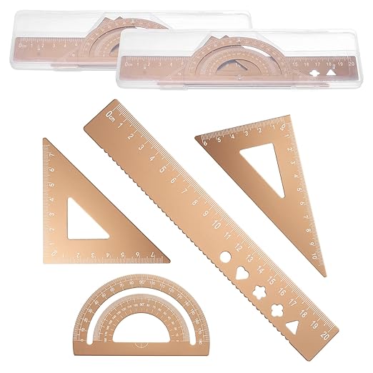 PATIKIL 8 Pcs Geometry Drafting Tool, Aluminum Alloy Geometry Kit Math Tool Includes 20cm L Ruler Protractor Triangles for Drafting Angle Measure Simple Science Experiment, Gold