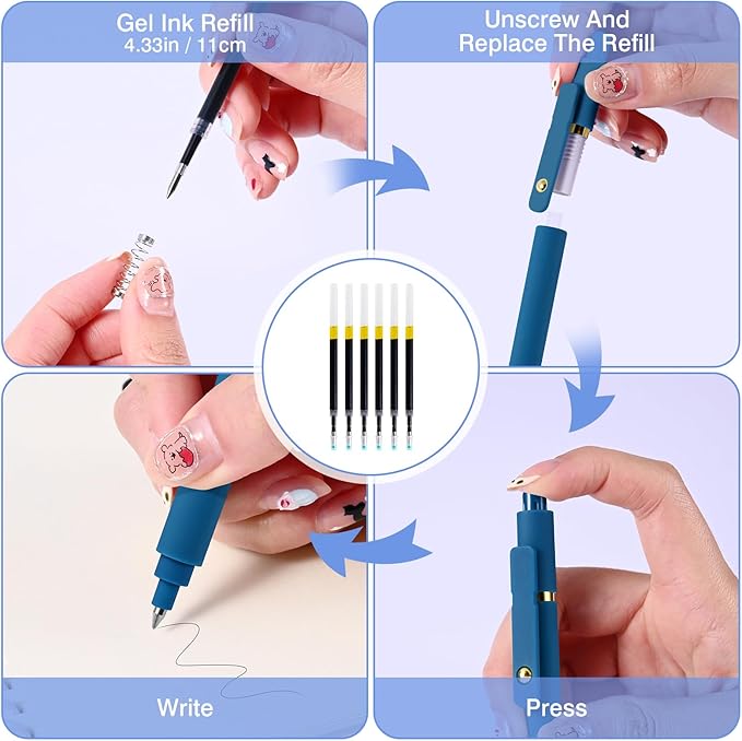 Gel Pens, 6 Pack 0.5mm Fine Point Pen Black Ink with 6 Refills, Quick Dry & No Smear, Smooth Writing Pens for Journaling, School, Aesthetic Office Supplies, Nurse Pens