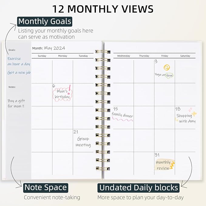 Undated Weekly and Monthly Planner Spiral Bound- Weekly Goals Notebook, To Do List, Habit Tracker Journal, Academic, Aesthetic, Stylish School or Office Supplies (6.1" x 8.4" - Cream)