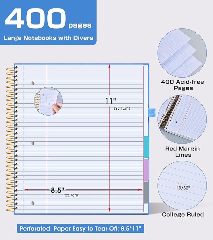 5 Subject Notebook College Ruled,80GSM Paper Thick Hardcover Spiral Notebook Lined Journal with Removable Dividers Tabs,400pages 8.5"x11" Paper Large Notebooks for School Work,3-Hole Punched, Blue