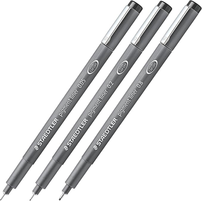 Staedtler Pigment Liner Pack, Black, 3 Pens, Assorted Line Widths 0.05mm/0.2mm/0.8mm, 308-9SBK3