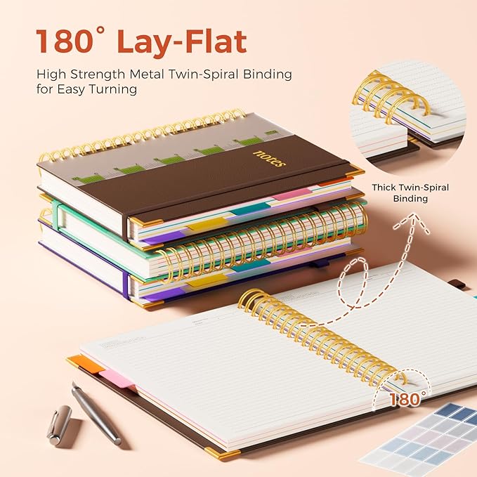 XYark A4 Hardcover Spiral Notebook, 8.5"x11" College Ruled Notebooks with Removable Dividers Tabs & Ruler, 5 Subject Notebook 300 Pages, Large Lined Journal for Women Men School Work Office, Brown