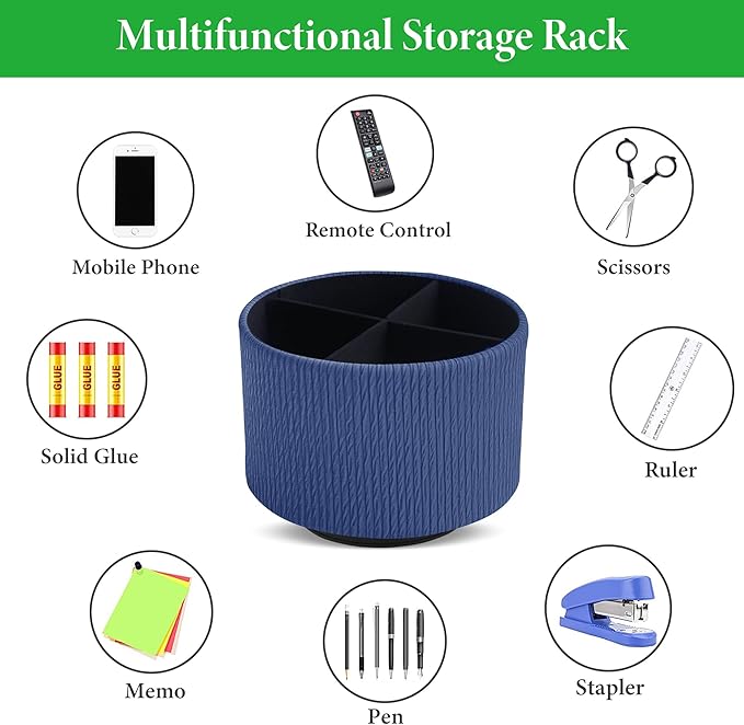 Round Leather Art Supply Organizer,Remote Control Holder,360 Degree Spinning,Multi-Functional Pencil Holder,4 Compartments Desktop Stationary Organizer(1-Vertical Wood Blue)