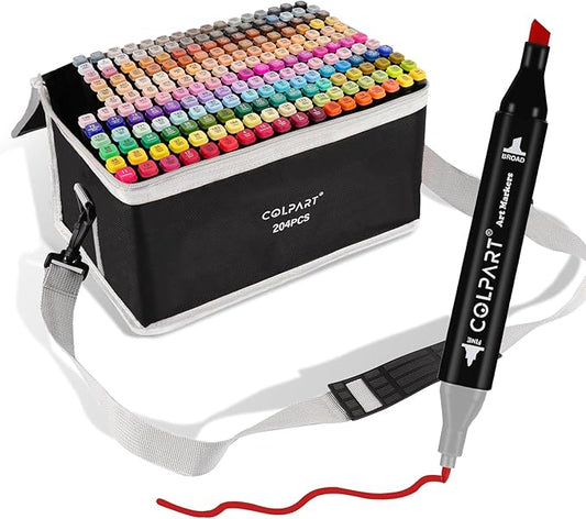colpart 204 Colors Alcohol Markers Dual Tip Art Marker Pens with Pen Holder and Carry Bag for Adult Coloring Painting Supplies Perfect for Painting, Coloring, Sketching and Drawing