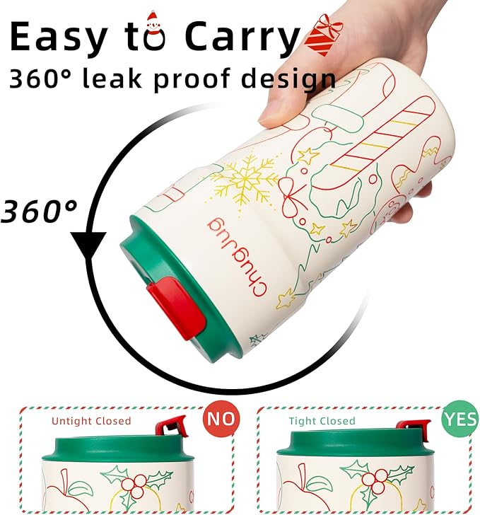 16 oz Christmas Travel Coffee Mug with Ceramic Coating, Leak-Proof Vacuum Insulated Coffee Tumbler with Lid, Double Wall Stainless Steel Travel Cup (Yuletide Magic)