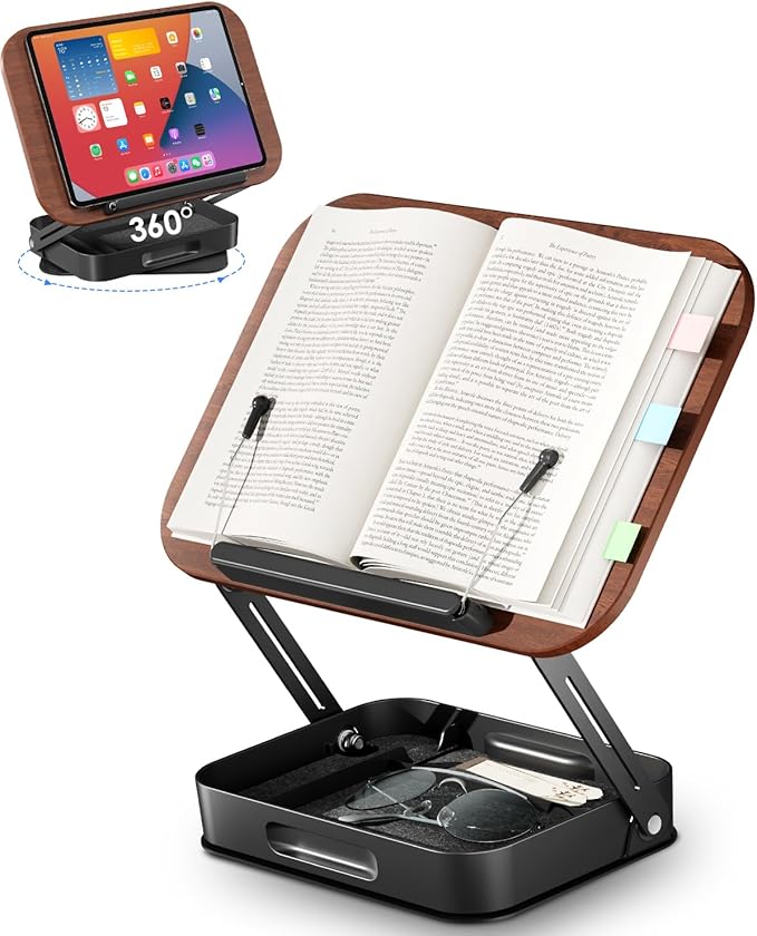 Viozon 360° Rotating Ergonomic Book Stand for Reading - Adjustable Wood Book Holder for Neck Pain Relief, for Heavy Textbooks & Cookbooks, No-Assembly Hands-Free Stand for Students & Home Office