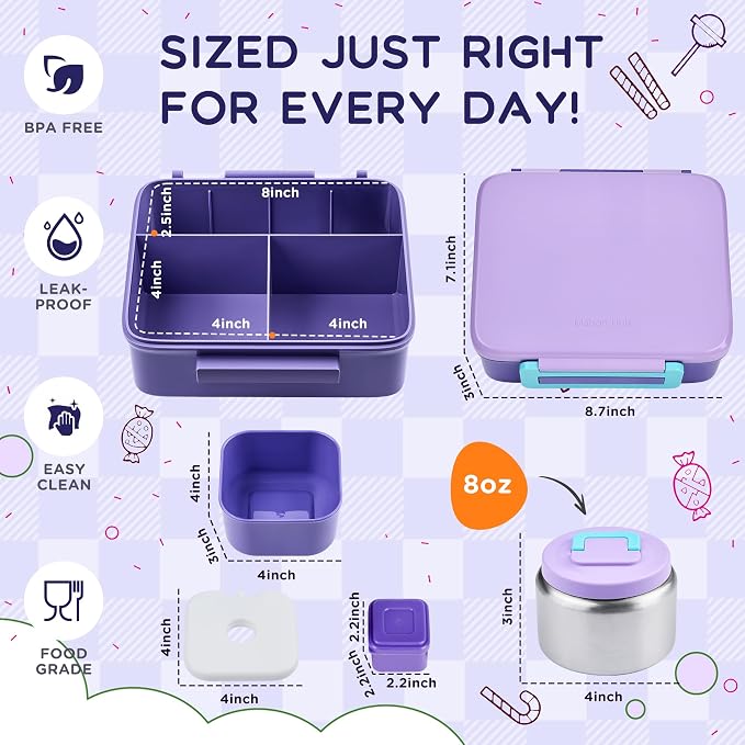 Bento Lunch Box for Kids with 8oz Soup Thermo Leak-Proof Lunch Food Containers with Snack Sauce Container for Kid Girls Boys to School,Purple Bag