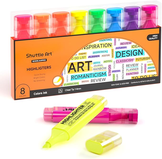 Shuttle Art 8 Assorted Colors Highlighters, Chisel Tip Dry-Quickly Non-Toxic Highlighter Markers for Adults Teachers Students Highlighting on Home School Office