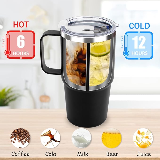 Sursip Insulated Coffee Mug with Handle and Lid, 24 oz Double Wall Vacuum Travel Thermal Coffee Tumbler with Straw for Home, Office Stainless Steel Coffee Cup - Leak proof, BPA Free(Navy-1 Pack)