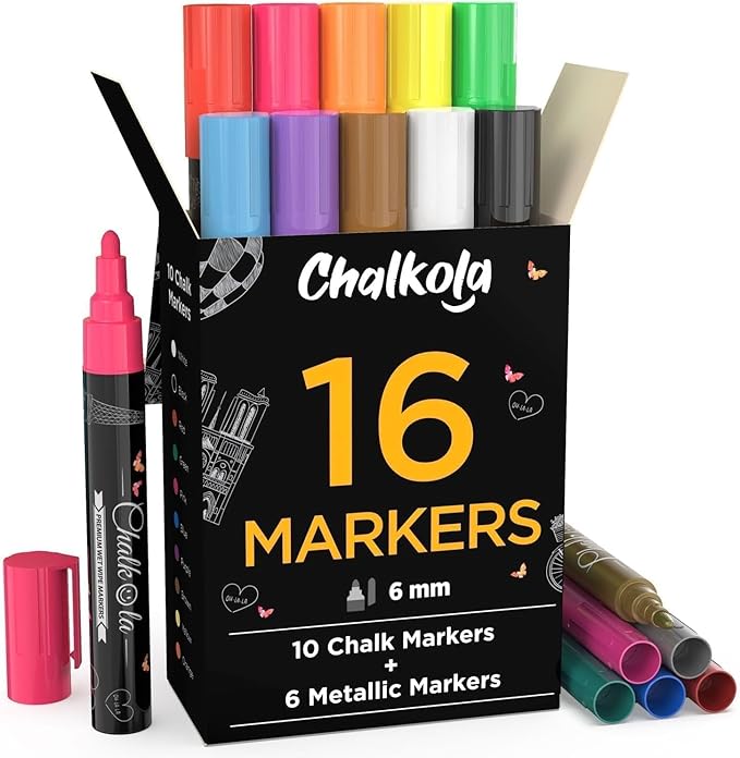 Chalkola Liquid Chalk Markers for Blackboard & Glass (Pack of 16, 6mm Reversible Tip) Washable Chalk Pens for Window, Bistro, Mirror, Car, Wall Calendar, Menu Board | Chalkboard Markers Erasable