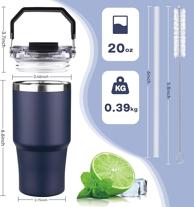 20oz Tumbler with Handle and Flip Straw Lid Double Wall Insulated Travel Coffee Mug Stainless Steel Vacuum Insulated Coffee Tumbler Cup for Hot and Cold Beverages Leak-proof&BPA-free (20oz,Navy blue)