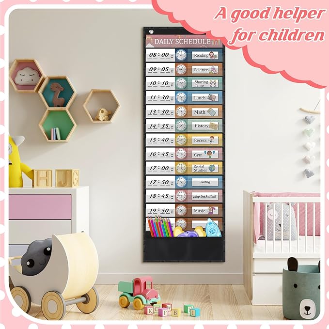 Chiisong Daily Schedule Pocket Chart, Boho 14+1 Pocket, with 40 Pcs Reusable Dry Eraser Cards Calendar for Classroom Toddler Schedule Chart Office Home Activity(Bohemian Style)