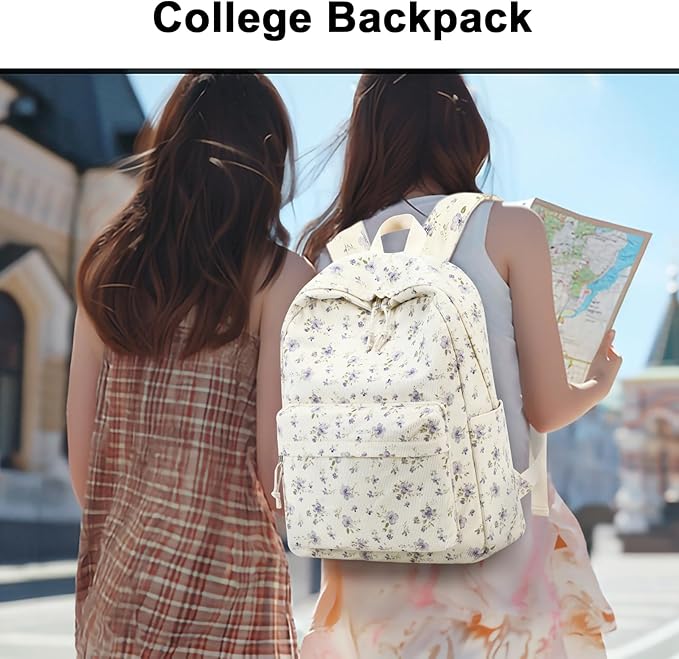 BTOOP School Backpack for Girls Teens Large Corduroy Bookbag Lightweight 15.6 inch Laptop Bag for Women Casual High School College (Purple Floral)