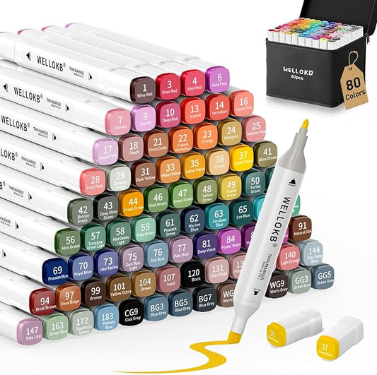 WELLOKB Alcohol Markers, 80 Colors Dual Tip Blender Art Markers for Coloring, Illustrations, and Sketching, Coloring marker for Book Painting
