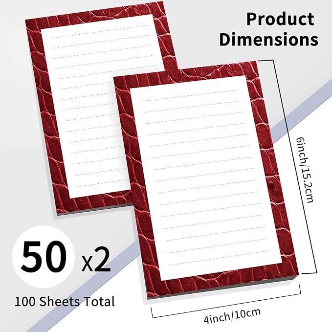 2 Pack Lined Sticky Notes 4x6 in, Cute Self-Stick Notepads with Lines, Large Memo Pads Strong Adhesive for Office, Home Red Cute Crocodile Skin