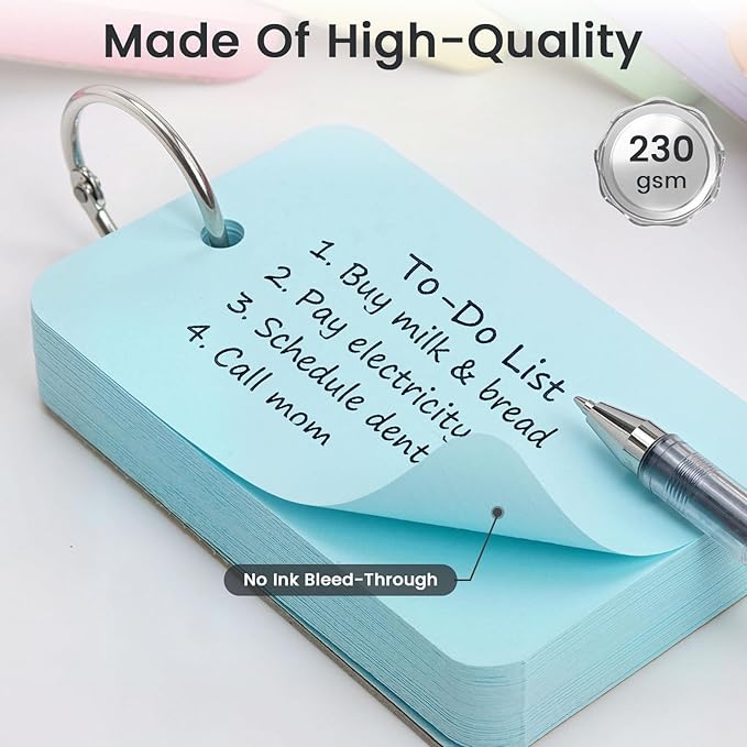 Koogel 1080PCS Index Cards with Rings for School, 2.2 x 3.5 Inch, Colored Flash Cards for Studying, Portable Notecard for Classroom Tests Preparation Teacher Education Office Supplies, 6 Colors
