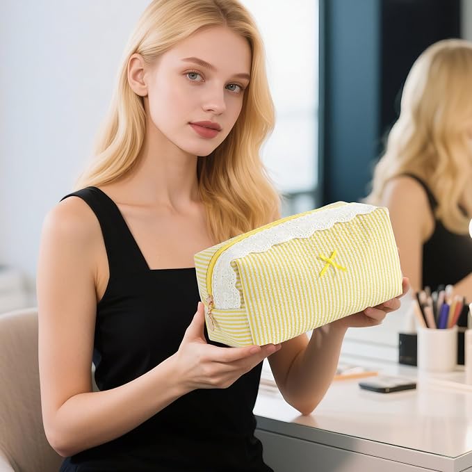 Makeup Bag Travel Toiletry Bag for Women, Small Cosmetic Bags with Lace Trim Cute Yellow Stripe Aesthetic Organizer Makeup Pouch for Purse Emergency Bag Pencil Case Accessory Bag