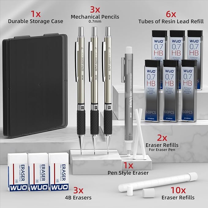 WUO 0.7 mm Mechanical Pencil Set with Eraser Pen Storage Case, 3 PCS | Metal Drafting Pencils, 360 HB Lead Refills, 3x4B Erasers, 12 Eraser Refills for School Artist Writing Drawing Sketching