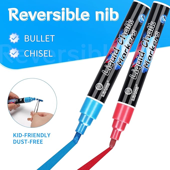 IJIANG Liquid Chalk Markers Metallic Chalk Pens Erasable 8 Colors 6 MM Reversible Tip Chalkboard Marker Non-Toxic, Non-Dusting Chalk Markers Set For Menu, Poster, Metal, Plastic, Whiteboard, Ceramic