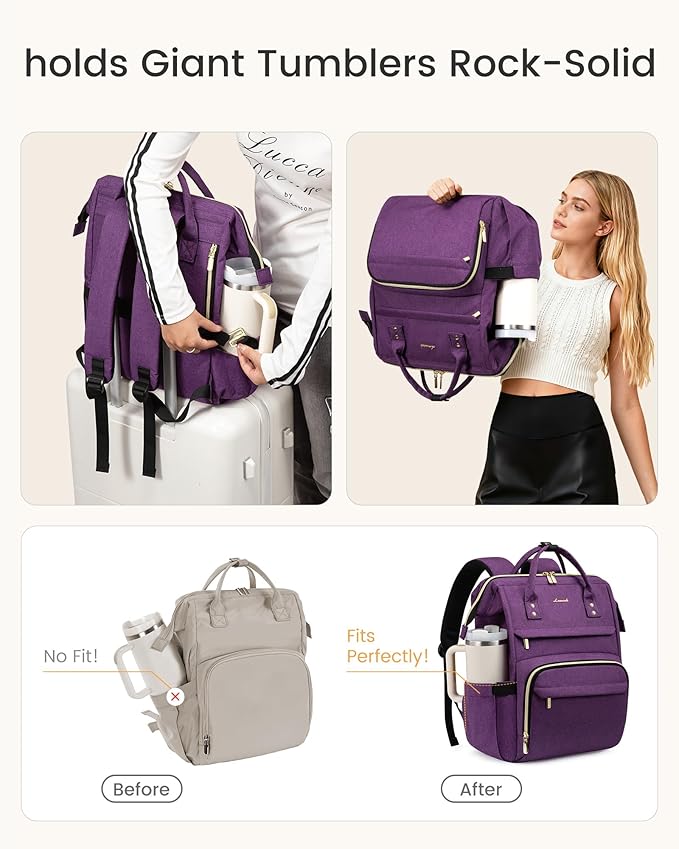 LOVEVOOK Laptop Backpack for Women with Giant Tumbler Holder Pocket,18 inch Waterproof Travel Backpack Purse Computer Laptop Bag,Professional Work College Nurse Teacher Backpack Daypack,Dark Purple
