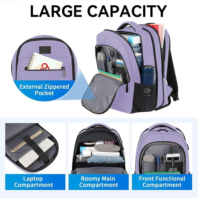 MATEIN Travel Backpack for Women, Expandable 15.6 inch Laptop Backpack | Anti Theft Computer Bag, Water Resistant Material, 29.5 - 36.8L, College, Business, Gift for Adults, Light Purple
