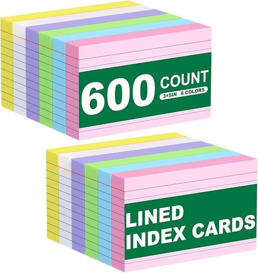 600 Count Colored Index Cards 3x5 in Ruled Flash Cards for Studying, 12 Pack of 50, Multilcolor Notecards Lined Flash Cards Bulk, Neon Flashcards Note Cards, 3x5 Index Cards for School, Home, Office