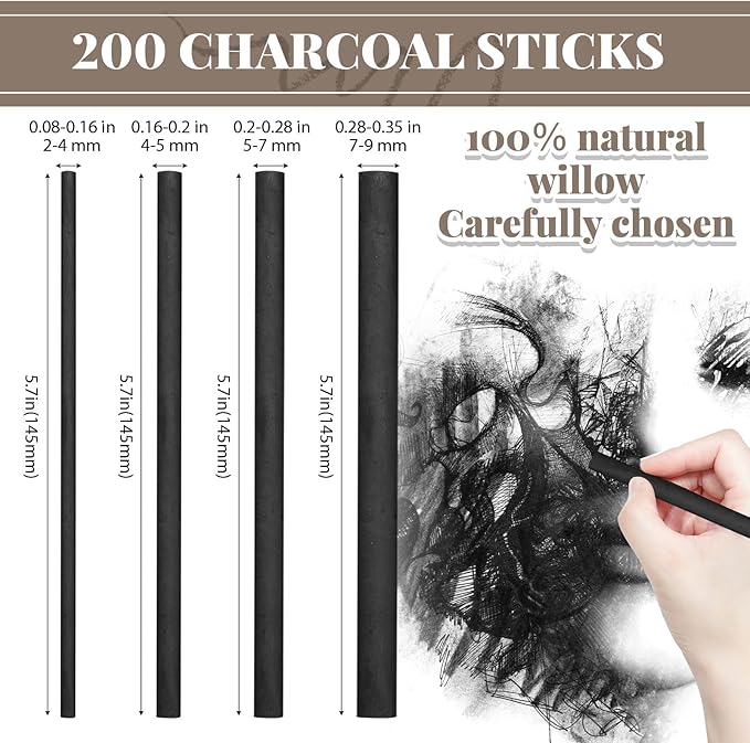 Gueevin 200 Pcs Willow Charcoal Sticks, Willow Charcoal, Artists, Beginners, Students, Perfect for Sketching, Drawing, Shading, and Fine Art Christmas Gifts for Art (2-4mm,4-5mm,5-7mm,7-9mm)