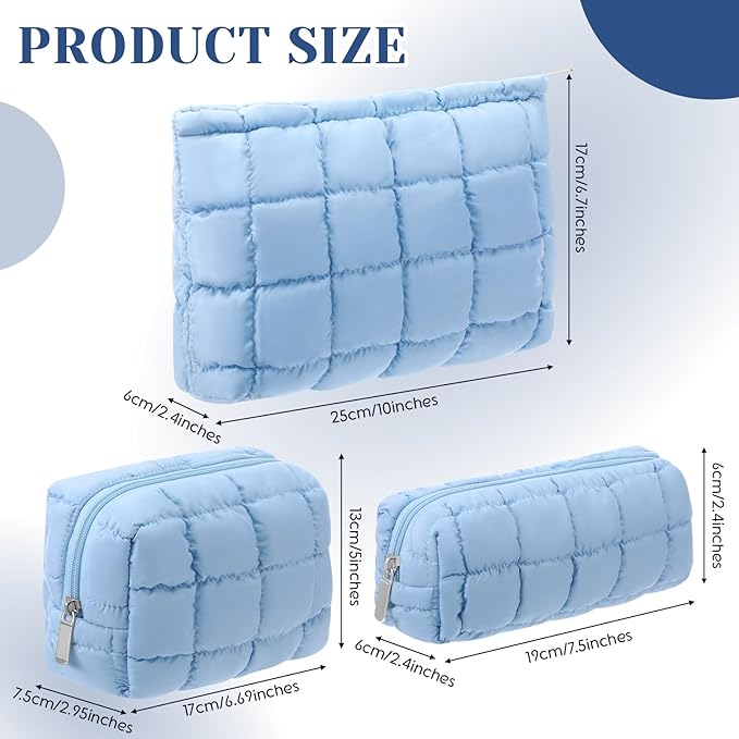Huhumy 3 Pcs Puffy Makeup Bag Quilted Cosmetic Pouch for Women Cute Checkered Travel Toiletry Bag Puffer Makeup Organizer Purse Pouch Preppy Pencil Case with Zipper