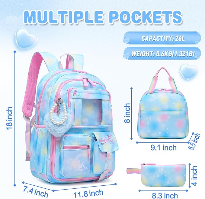 Alrisg Girls Backpack for Kids Elementary Middle School Cute Student Bookbag School Bag Blue Set