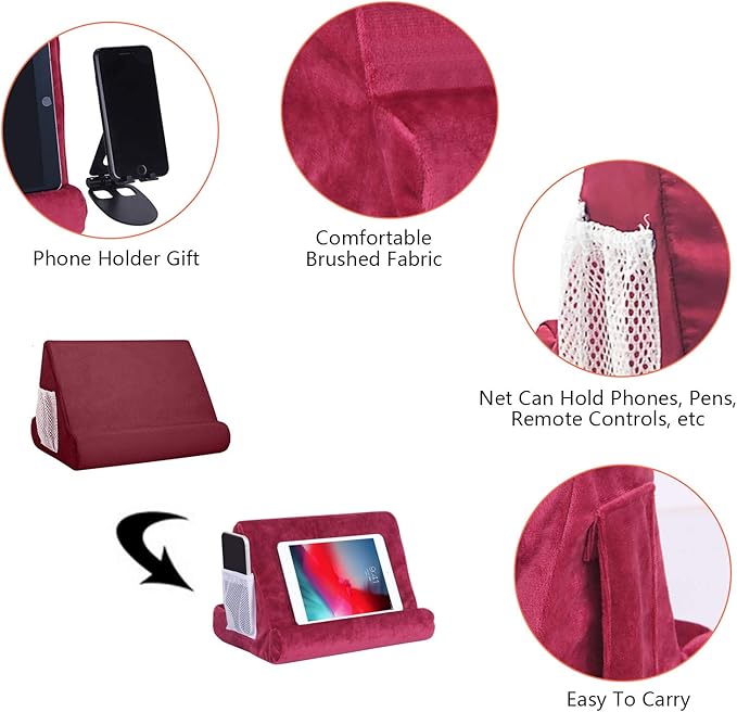 2pcs Multi-Angle Tablet Holder Cushion Stand with Net Pocket & Black Color Phone Stands Upgraded Tablet Pad Support for Phone,Pad,Books (WineRed)