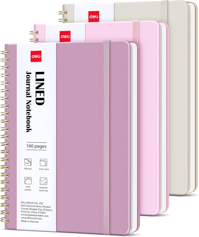 deli 3 Pack Lined Spiral Journal Notebook, 160 Pages, A5 (5.5"x8") Hardcover Writing Notebook, College Ruled Spiral Bound Journal for Women & Men - Perfect for Work, School, Office & Note Taking