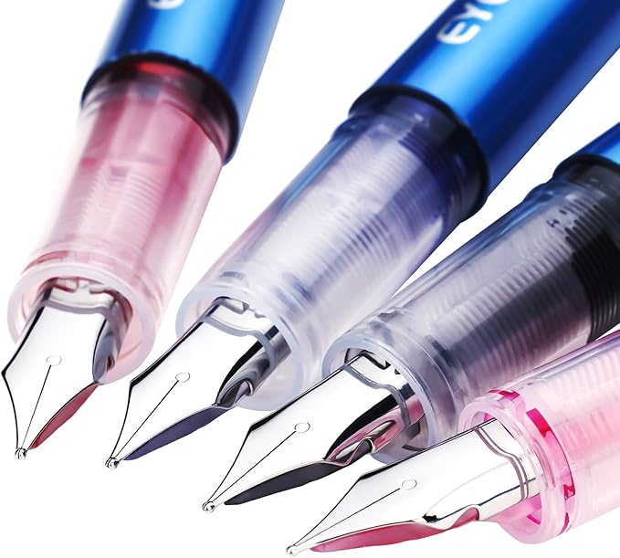 EYEYE Disposable Fountain Pens for Writing, Pack of 8 Blue Fountain Pens Medium Point Stainless Steel Nib
