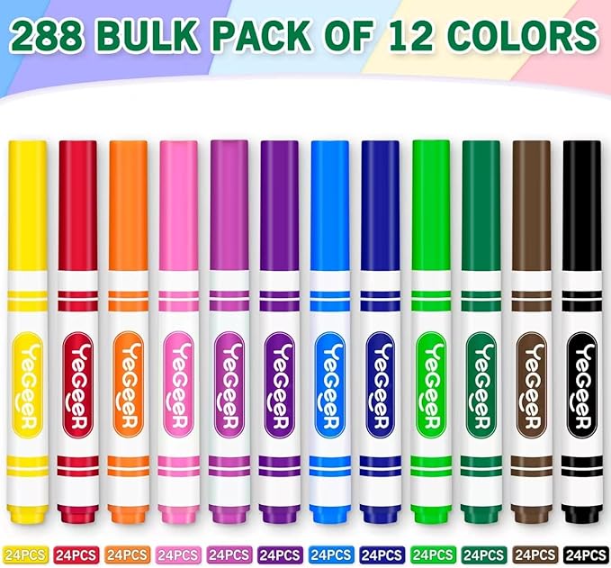 YEGEER Washable Markers Bulk, 12 Assorted Colors, 288 Count Washable Markers for Kids, School and Teacher Classroom Supplies, Coloring Marker for Ages 3+ Year Old Boys Girls (288)