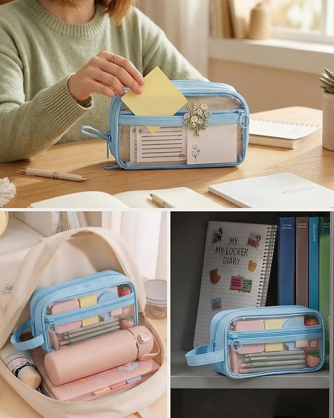 41Pcs Aesthetic Pink Office Supplies Set, All-in-One 5 Compartments Desk Organizer Kit with Large Capacity Pen Pouch, A5 Notebook for Women & Journaling (blue)