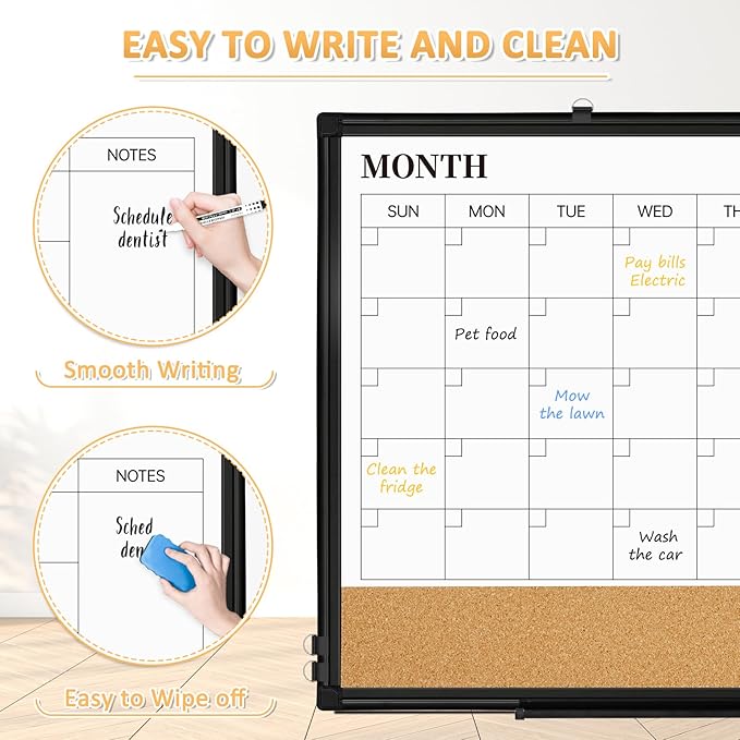 Dry Erase Calendar Whiteboard for Wall, 30"x20" Magnetic Monthly White Board Cork Board Combo, Double Sided, Black Aluminum Frame, Wall Hanging Wipe Board for Home, Office, School, Dorm