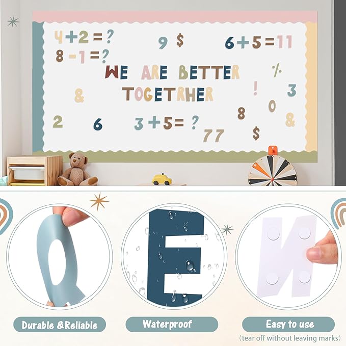 221 Pcs Boho Bulletin Board Letters, Square Font Alphabet Number Punctuation Symbol Combo Letter Cutouts, Boho Classroom Decor for School Classroom Chalkboard Poster Bulletin Board Wall