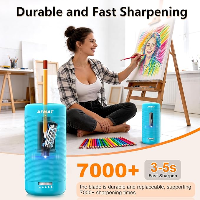 AFMAT Electric Pencil Sharpener, Fully Automatic Pencil Sharpener, Auto in & Out, Rechargeable Hands-Free Sharpeners for Jumbo & Colored Pencils (6.5-12mm), Portable for Home/Classroom/Office PSC2